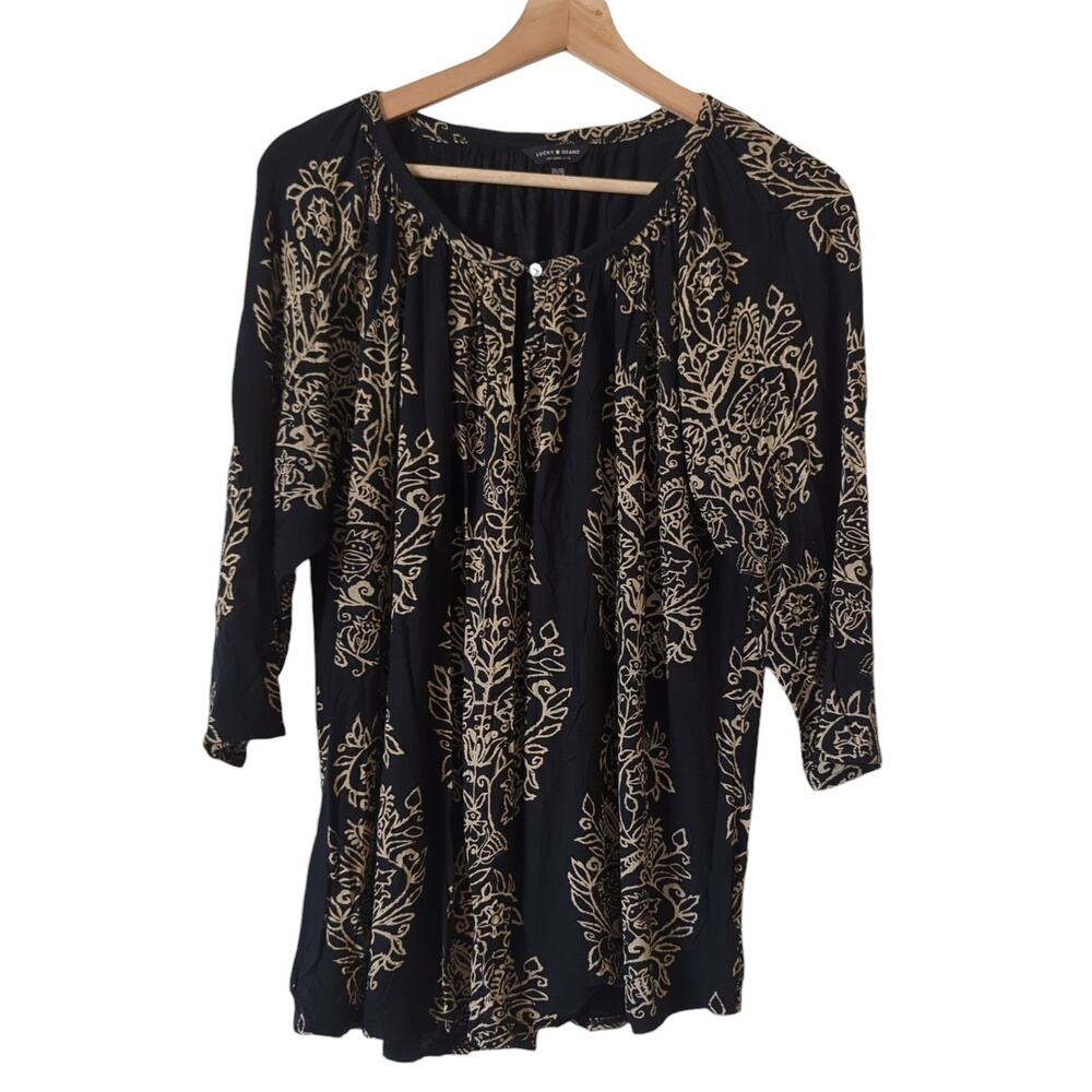 Lucky Brand Blouse Womens 1X Top Black Gold‎ Boho Ikat Stretch Pullover Keyhole